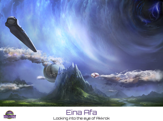 A science fiction themed poster with a spaceship and fantasy landscape, titled 'Eina Afa: Looking into the eye of Aikakrok'.